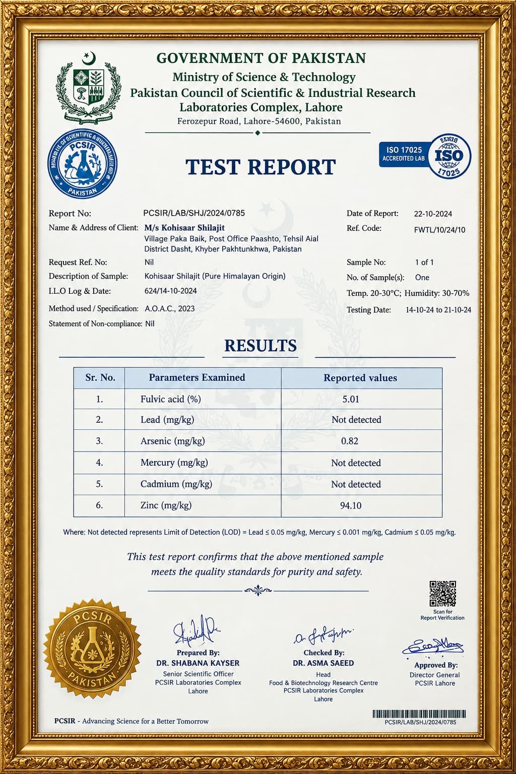PCSiR laboratory test report for Kohisaar Shilajit