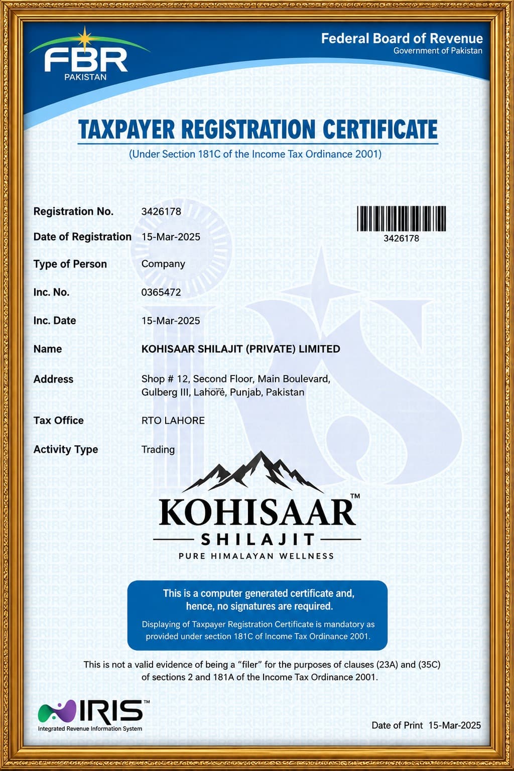Federal Board of Revenue taxpayer registration certificate for Kohisaar Shilajit